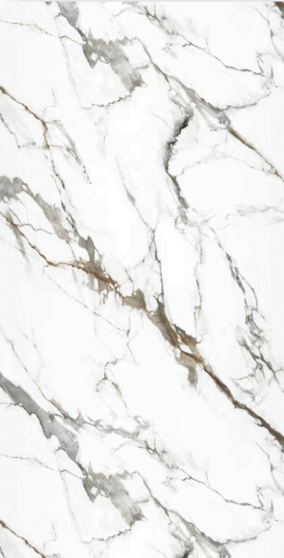 Panou PVC decorativ cu textură de marmură albă și vene naturale în tonuri gri și auriu, potrivit pentru decorarea pereților în stil contemporan.