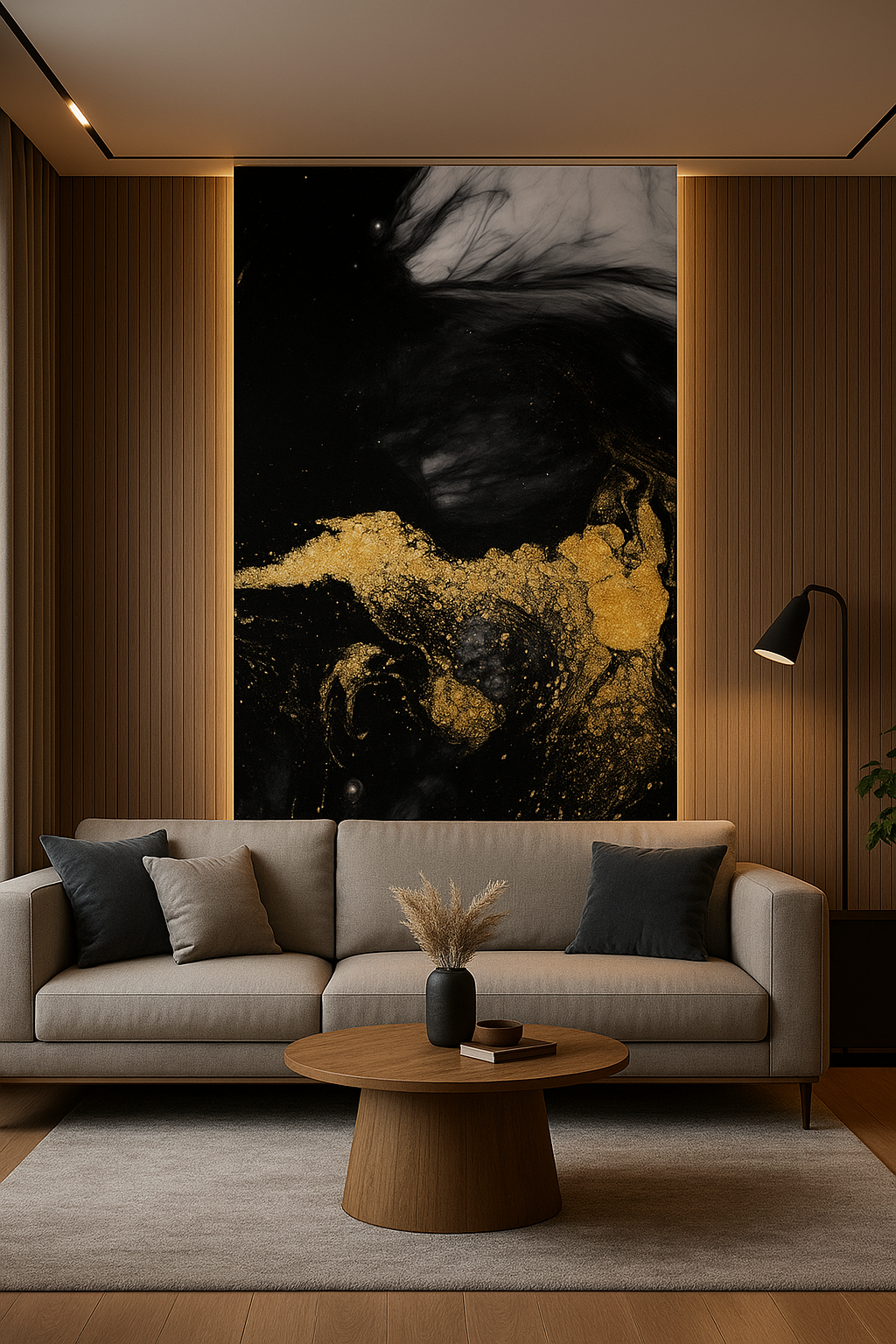 Panou decorativ din PVC cu design de marmură neagră și accente aurii