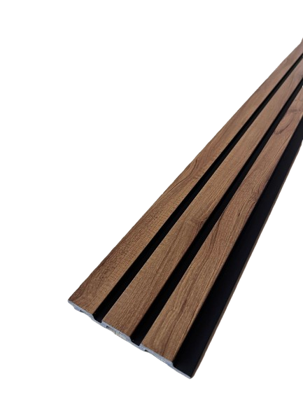 Riflaj decorativ PolyPro JP32, finisaj stejar închis cu caneluri adânci, pentru pereți interiori moderni și eleganți.